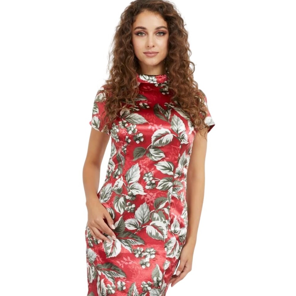 Guess Womens Red Floral Satin Mock Neck Short Sleeve Mini Sheath Dress Size 10 - Picture 2 of 4